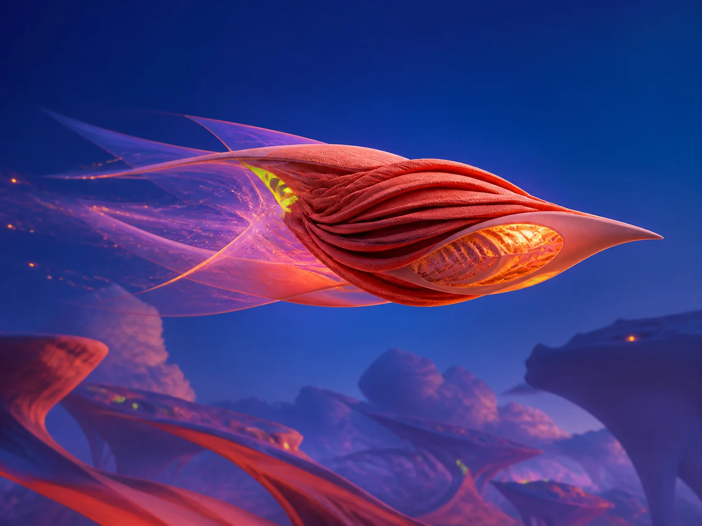 A coral fabric airship drifting through a luminous cobalt sky
