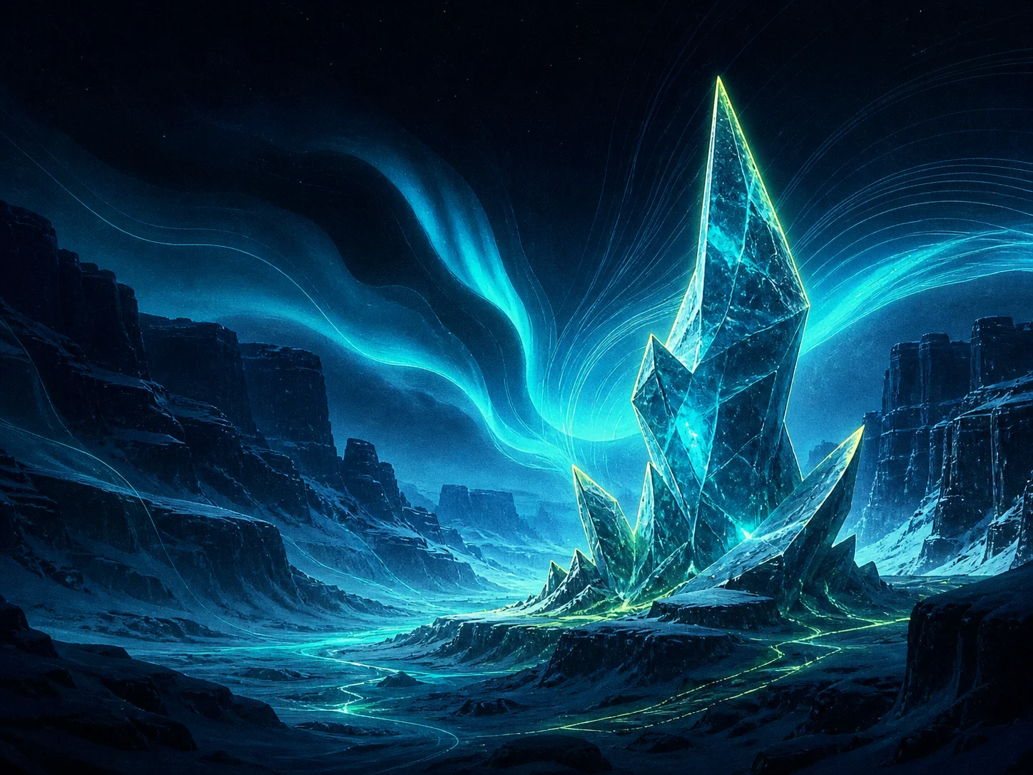 A bioluminescent ice canyon beneath cyan aurora ribbons